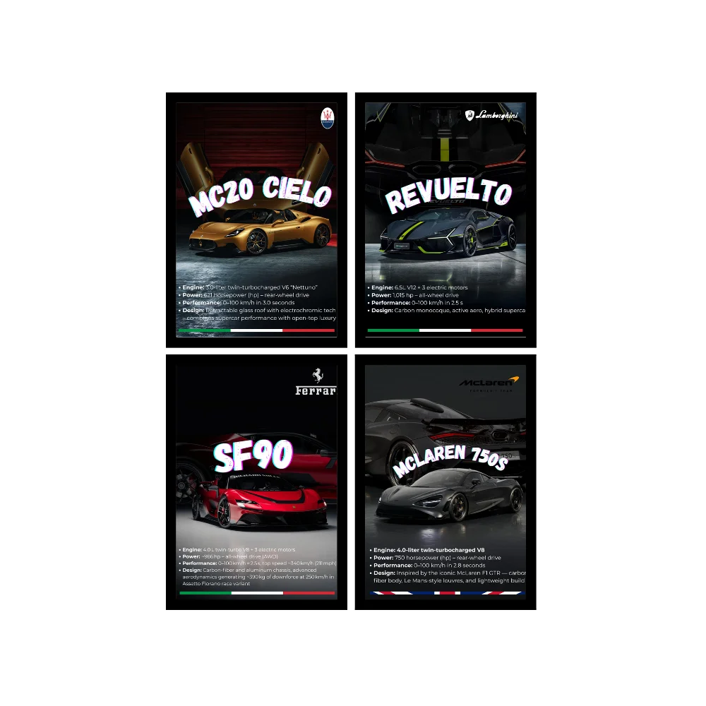 Djane Studio Supercars Wall Frame Set | Premium Wall Art for Living Room, Bedroom, Office & Gaming Room | Modern Home Décor | Pack of 4 | Size 12x8 Inch